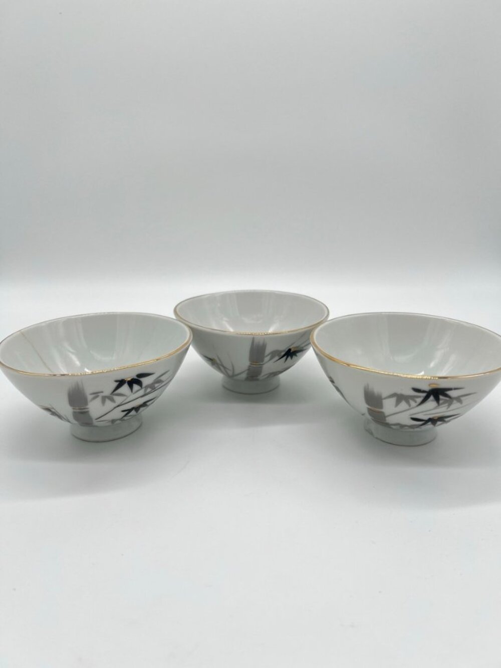 Set of 3 Vintage Japanese Porcelain Rice Bowls Bamboo Gold Trim